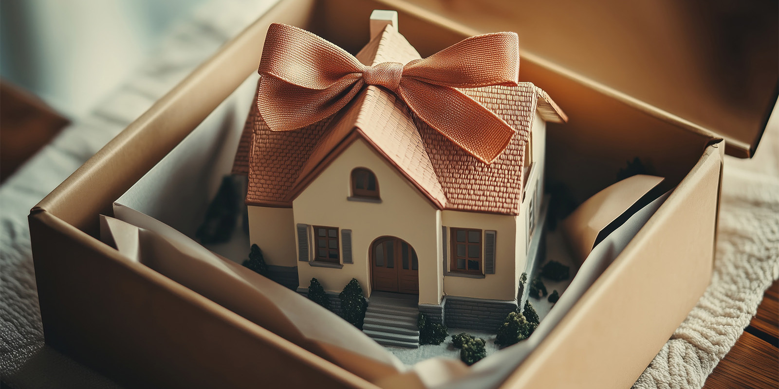 Ein kleines Hausmodell steht in einem Pappkarton und trägt eine Geschenkschleife