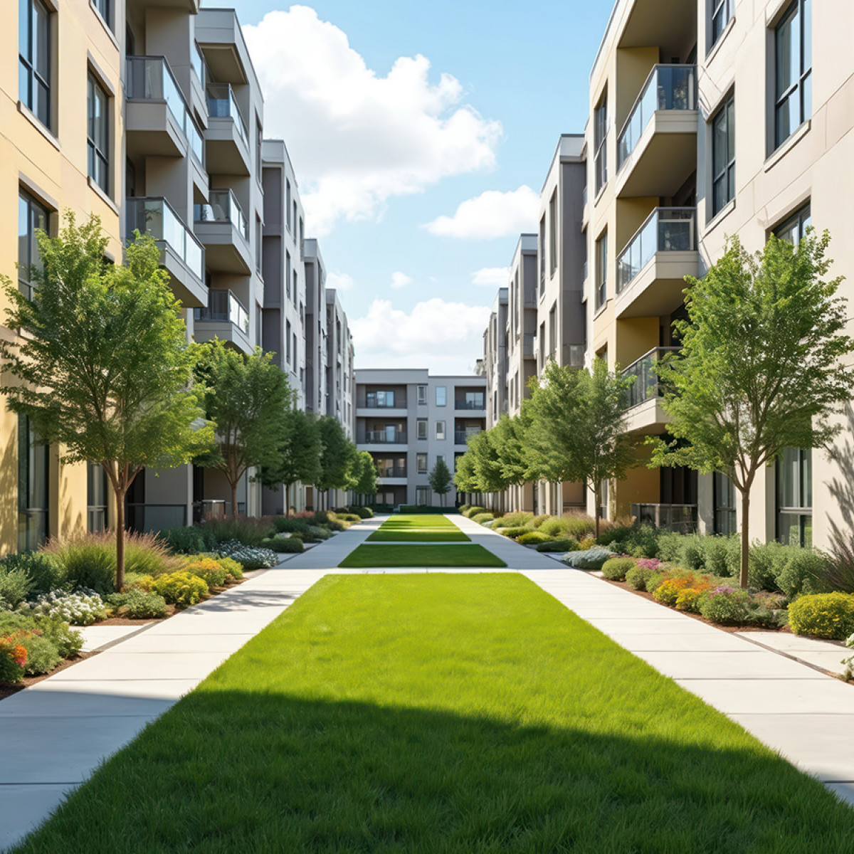 Eine moderne Wohnanlage mit Appartments und vielen Pflanzen unter blauem Himmel