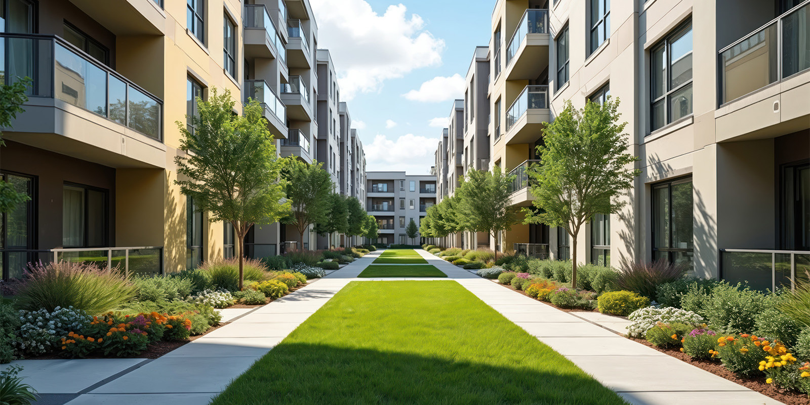 Eine moderne Wohnanlage mit Appartments und vielen Pflanzen unter blauem Himmel
