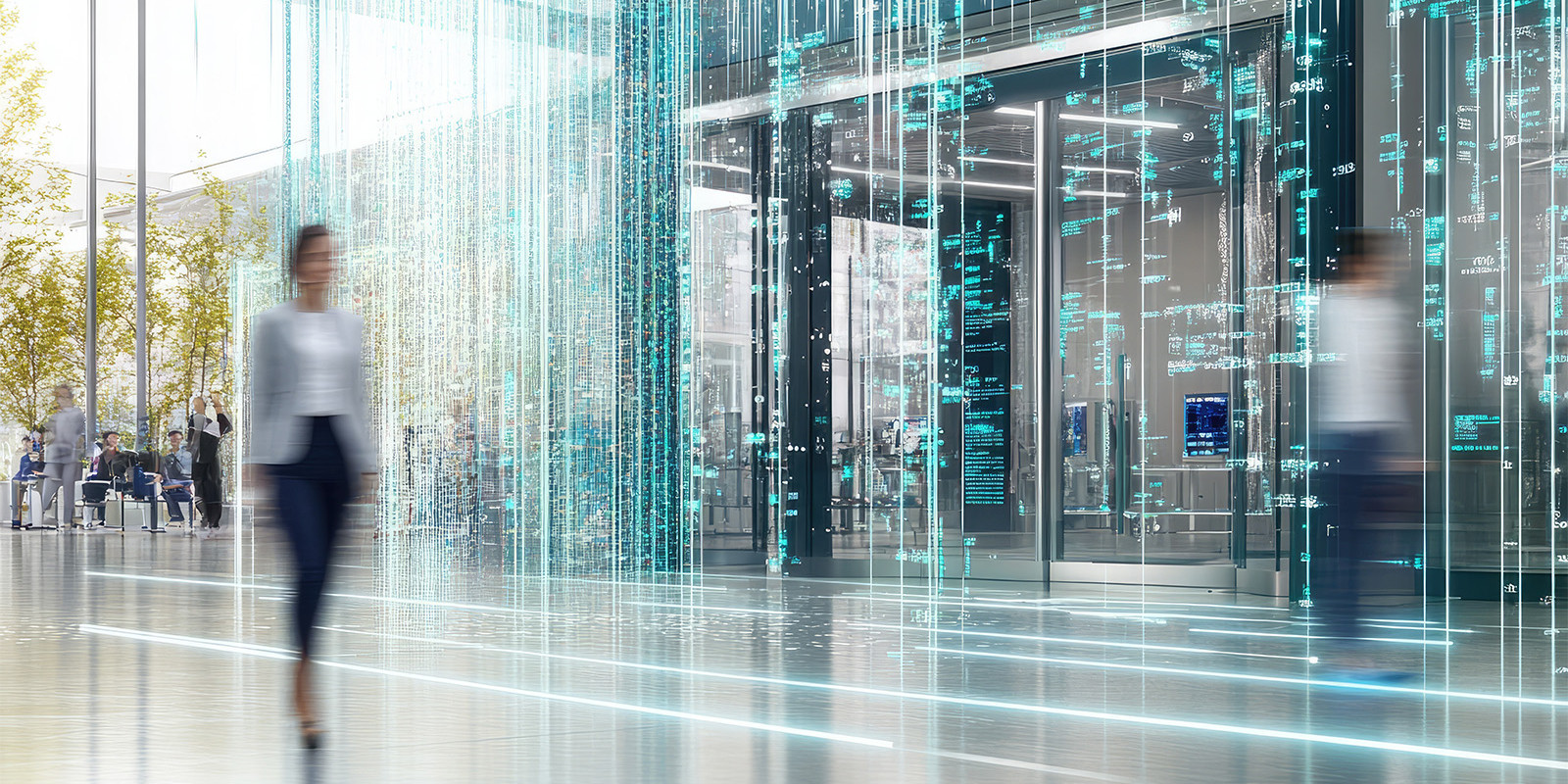 Gezeigt wird ein gläsernes Bürogebäude von innen, das gerade von einer Frau durchquert wird. Die Frau ist unscharf fotografiert. Das Bild wird illustriert durch Zahlen und Code, um die Digitalisierung zu thematisieren.