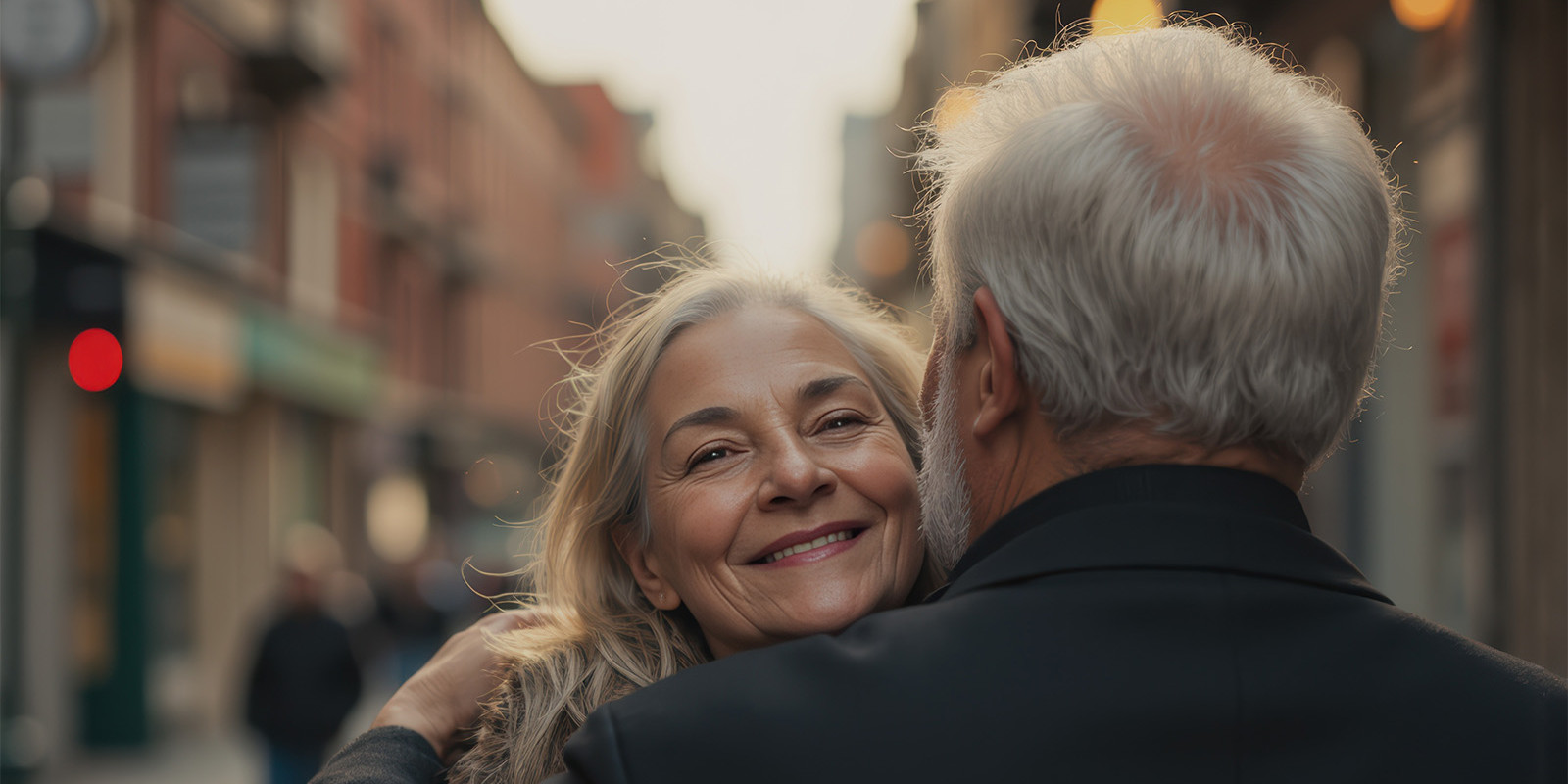 Ein etwas älteres Eherpaar umarmt sich, dabei sieht man in das lächelnde Gesicht der Frau